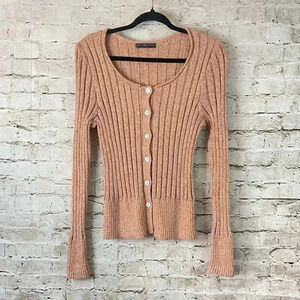 Peruvian Connection Women's Large Ribbed Pima Cotton Cardigan Sweater Orange L